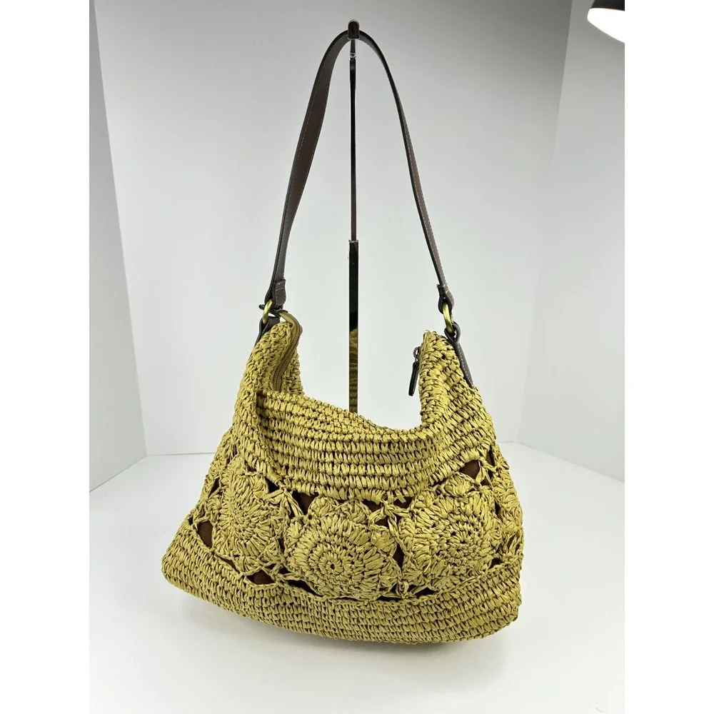 St Johns Bay Straw Hobo Shoulder Bag Tan Crochet Beaded Boho Festival‎ Purse